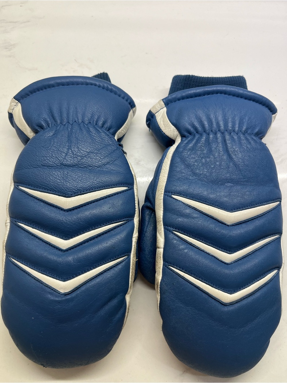 Vintage Gordini Insulated Leather Mittens, Blue & White , 70's aesthetic